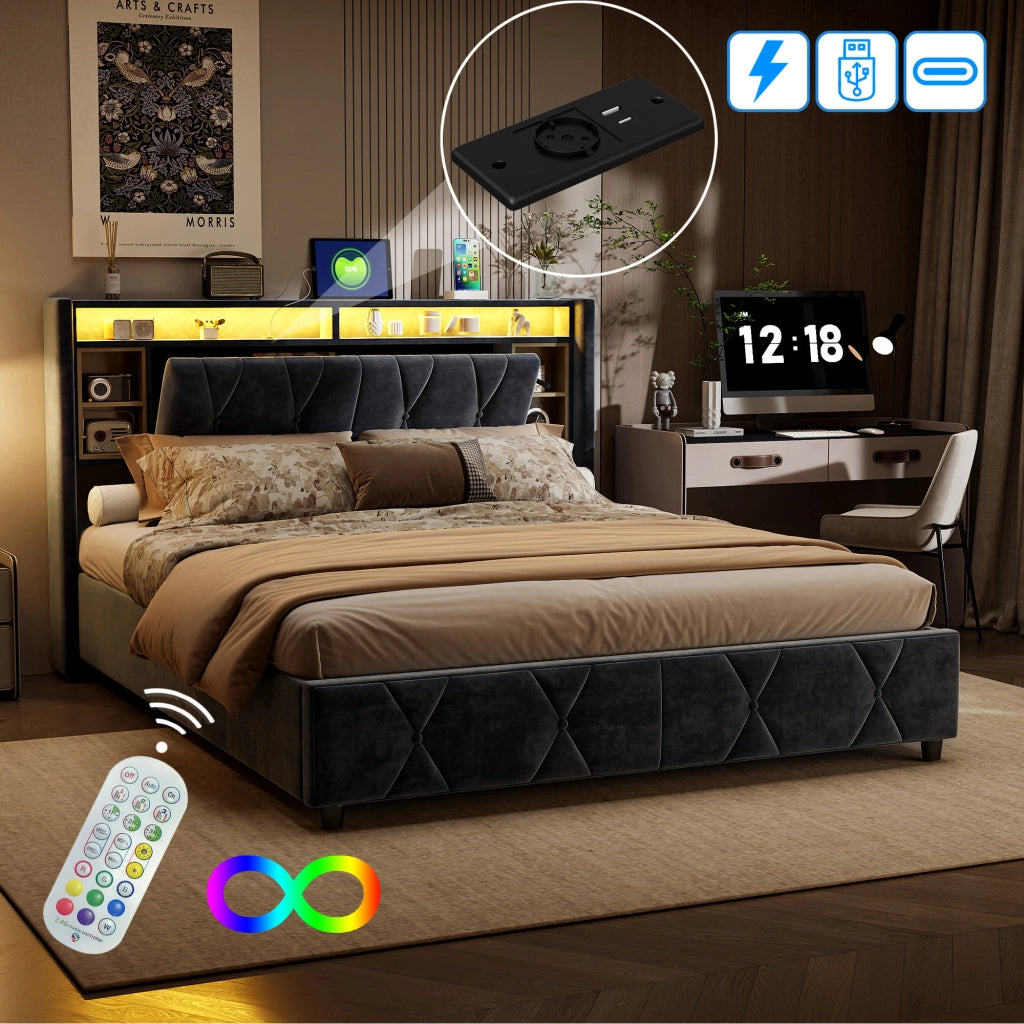 Letto imbottito grigio 140×200 cm, testiera contenitiva multilivello, USB‑C, LED con telecomando, base letto vano idraulico salvaspazio