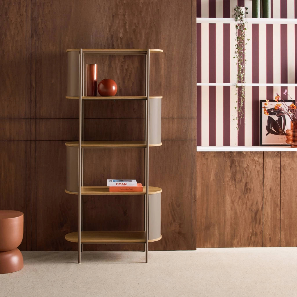 Libreria in metallo curvato e legno a 5 livelli, marrone