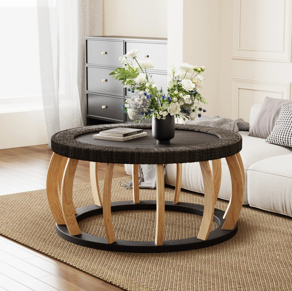 Tavolino da caffè rotondo in legno e rattan 90 cm