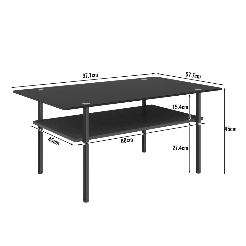 Tavolino da caffè 98x58x45 cm con piano in vetro nero; ripiano in MDF e struttura in metallo; nero