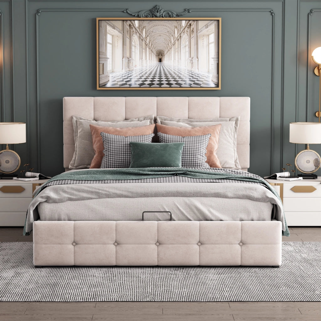 Letto Contenitore Matrimoniale 140x200 cm; sollevamento idraulico; in Velluto Crema