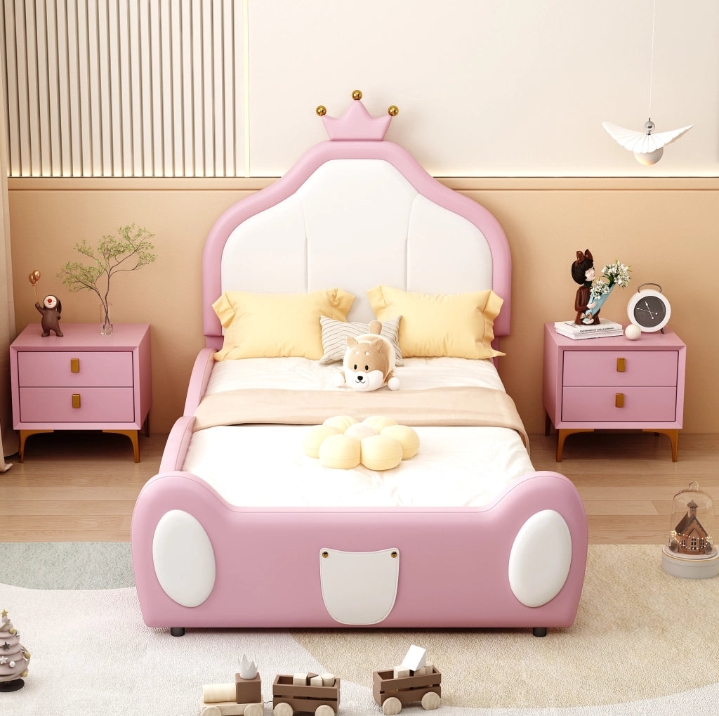 Letto imbottito per bambini 90x200 cm rosa e bianco con testiera a corona