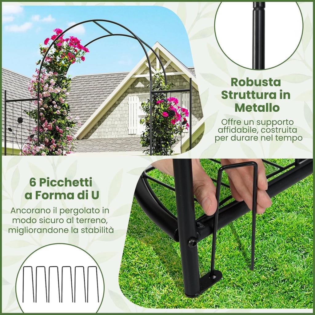 Arco da Giardino 220 cm, Pergolato con Cancello, Ripiani per Piante, Graticci per Rampicanti, Arco in Metallo per Piante Rampicanti da Esterno, Decorazione per Matrimoni e Cerimonie