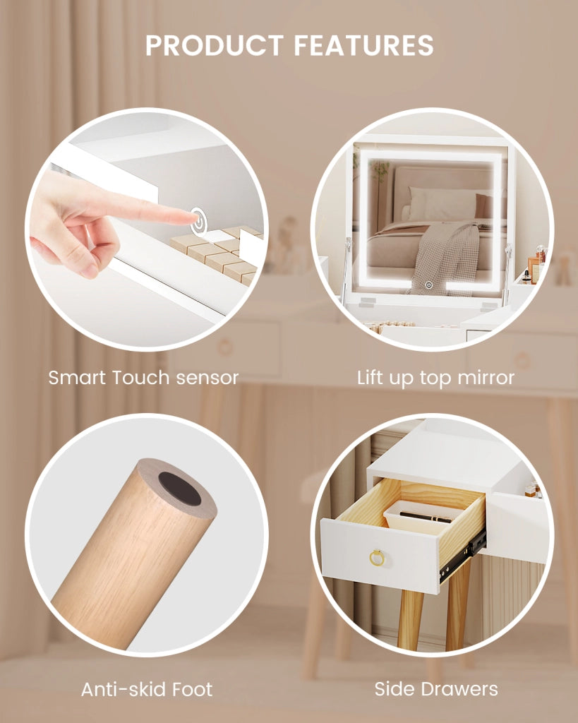 Tavolo da toeletta con specchio a LED,  tavolo da toeletta, tavolo da toeletta con sgabello, tavolo da trucco con luce a 3 colori