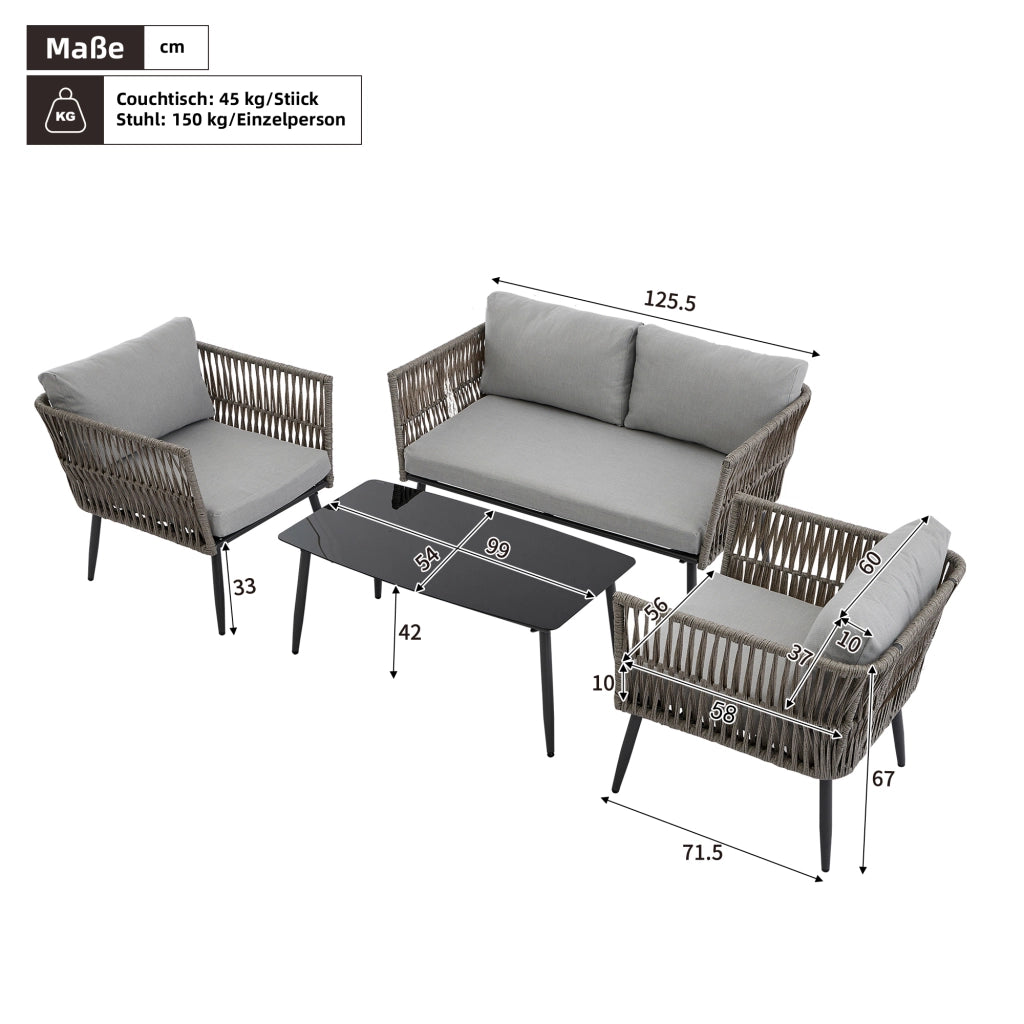 Salotto da Giardino con 1 Divano 2 Posti; 2 Poltrone e 1 Tavolino; per Terrazza; Acciaio Zincato; Poliestere; Grigio