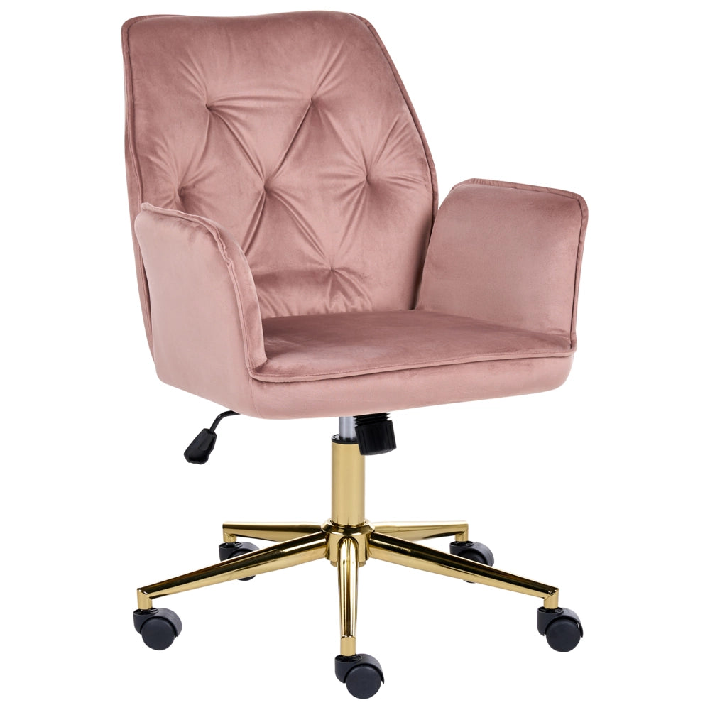 Sedia da ufficio per casa, rivestimento in velluto rosa, base girevole, regolazione in altezza, schienale reclinabile trapuntato, Glam