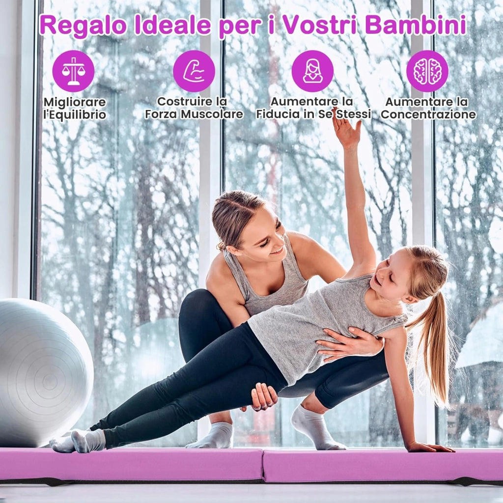 Trave Ginnastica per Bambini per Casa 210 cm, Trave di Equilibrio Pieghevole e Portatile con Manici, Copertura in Suede Rimovibile e Fondo Antiscivolo
