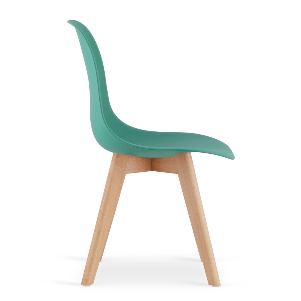 Sedia di design Kito verde con gambe in legno di faggio