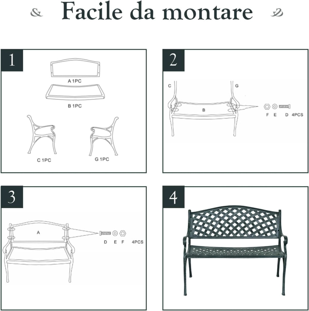 Panchina da Esterno, Panca di Metallo con Schienale Squisito, Braccioli Ergonomici e Sedile Ampio, Panchina da Giardino, Balcone e Cortile, 103 x 55 x 82 cm