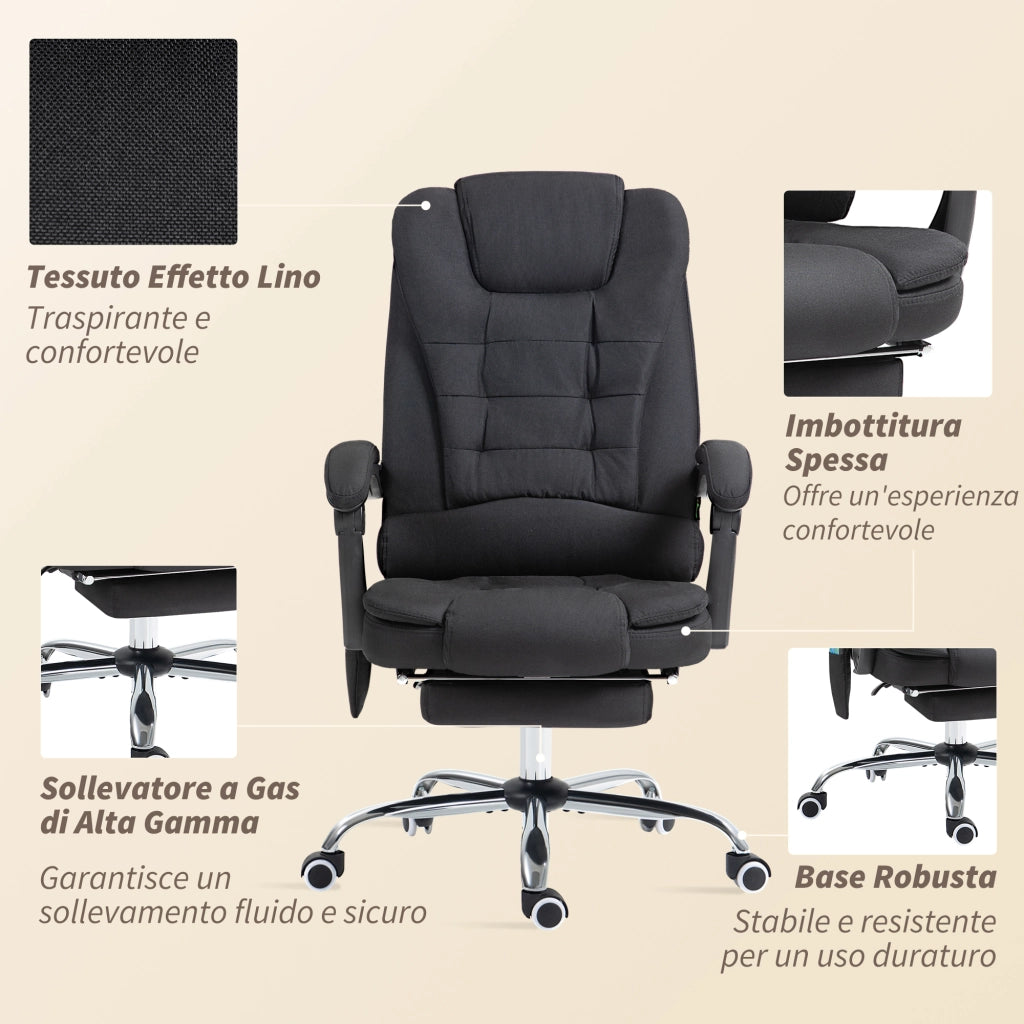 Poltrona da Ufficio 67x79x111-121 cm con Telecomando e 6 Punti di Massaggio in Tessuto Misto Velluto e Lino Grigio