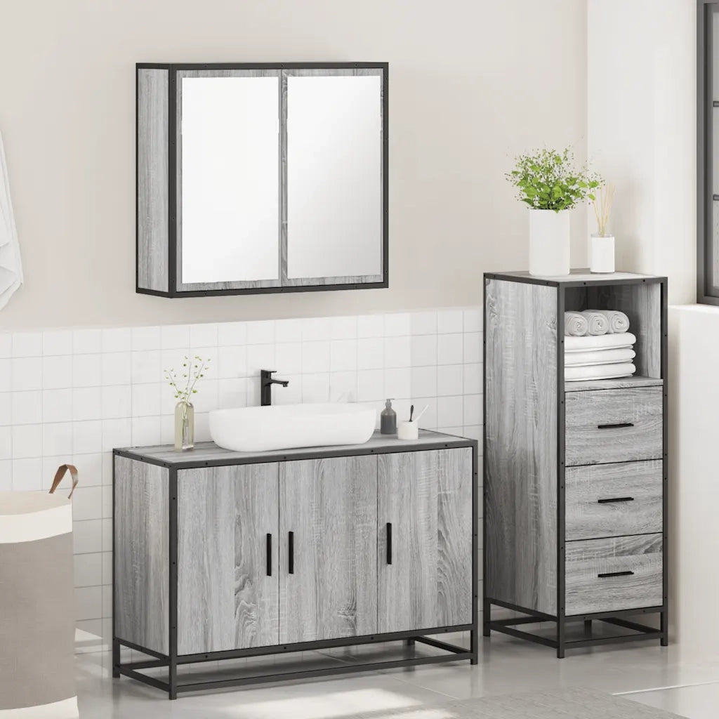 Set Mobili da Bagno 3 pz Grigio Sonoma in Legno Multistrato