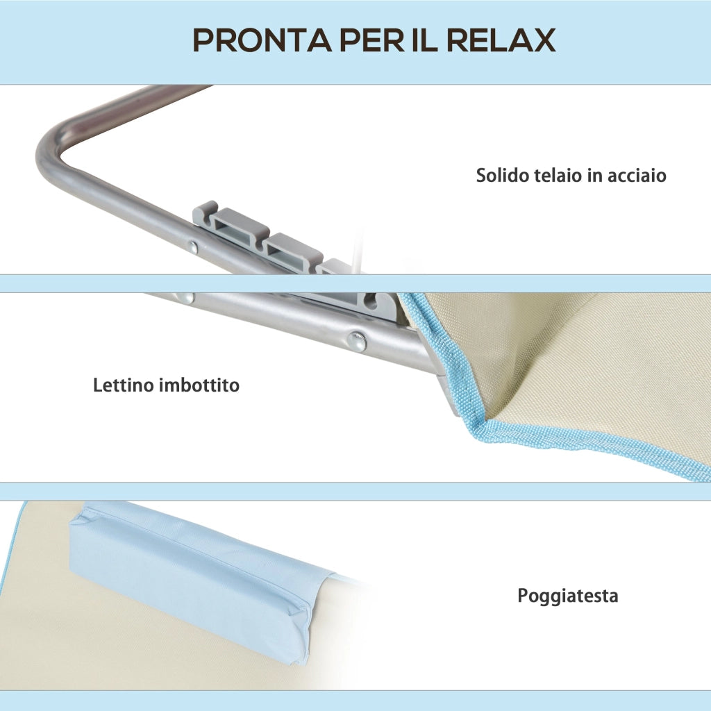Set 2 Sdraio da Spiaggia 53x124x35-45 cm con Schienale Regolabile e Poggiatesta Beige e Azzurro
