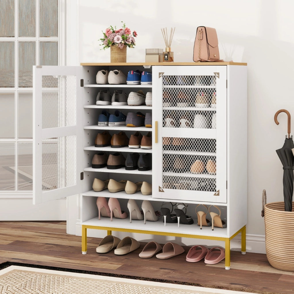 Armadio porta scarpe in legno con ripiani regolabili e gambe in metallo, Armadio porta scarpe a 7 livelli con porte in rete Bianco-Scarpiere