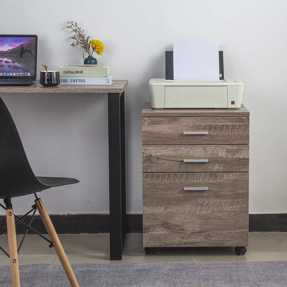 Cassettiera Scrivania Ufficio Legno MDF Mobiletto Stampante 3 Cassetti Tortora