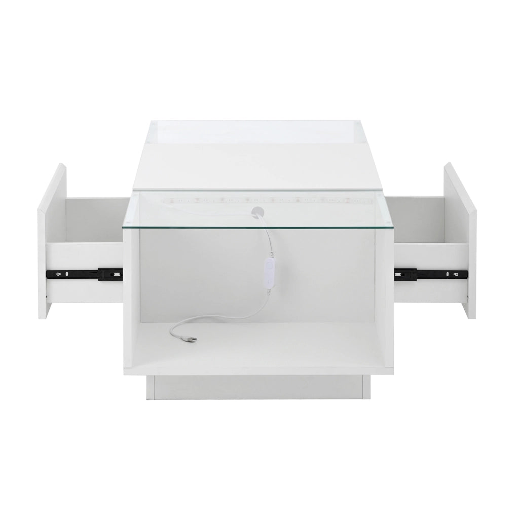 Tavolino da salotto moderno 105 x 50 x 35 cm bianco lucido con LED; ripiani e cassetti