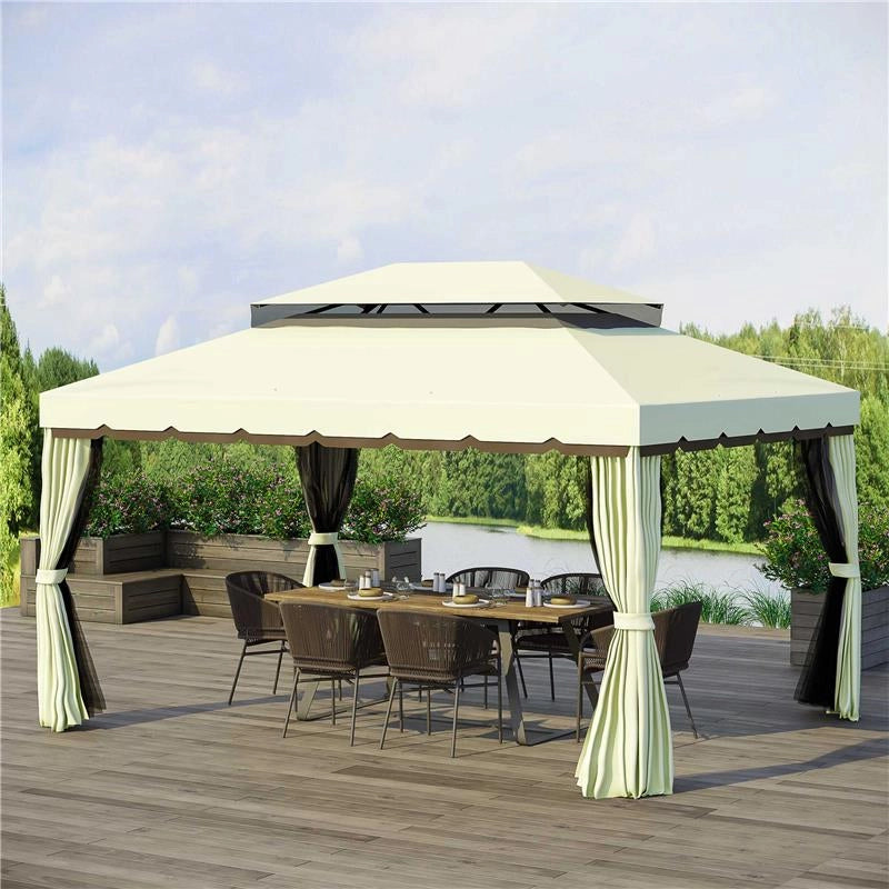 GAZEBO DA GIARDINO 4X3 M CON ZANZARIERA E TENDE, TETTO DOPPIO E RIVESTIMENTO ANTI-UV, CREMA
