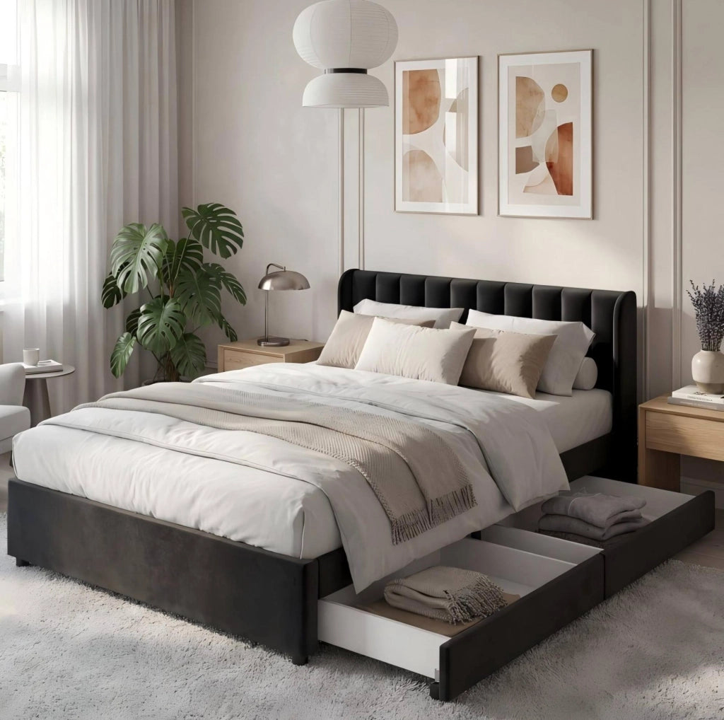 Letto matrimoniale 140x200 cm in velluto nero con testiera alta; rete a doghe e 2 cassetti