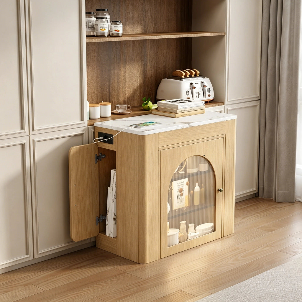 Tavolo da pranzo - isola cucina su ruote - piano estraibile - con prese - naturale - come anta e sideboard