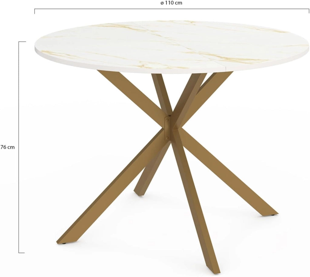 Tavolo da pranzo rotondo per 6 persone ALIX con gamba a ragno in ottone e piano ALASKA 110 cm effetto marmo oro