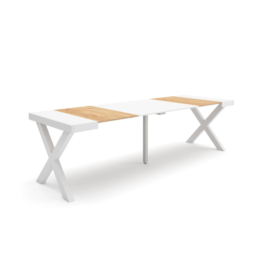 Consolle allungabile, 58 fino 262x90x73cm, Per 12 persone, Gambe in legno, colore Rovere e bianco RF2814