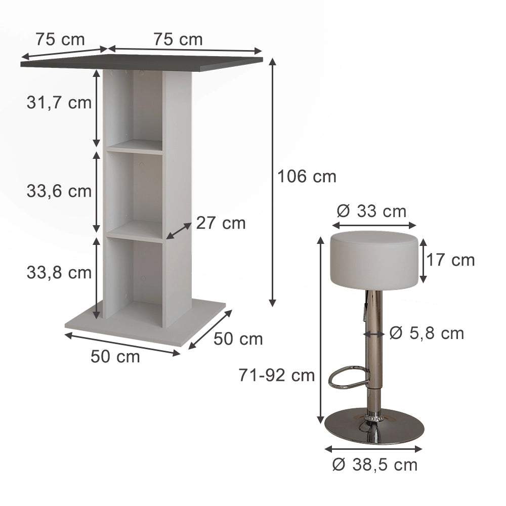 Vicco tavolo bar con sgabelli Bianco/antracite 75 x 75 cm con 2 sgabelli da bar