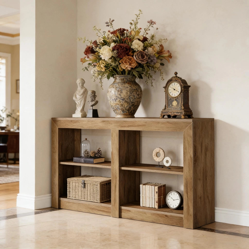 Consolle con 3 ripiani aperti e vano inferiore a 4 scomparti, per ingresso, in MDF, marrone, 150 × 35 × 85 cm