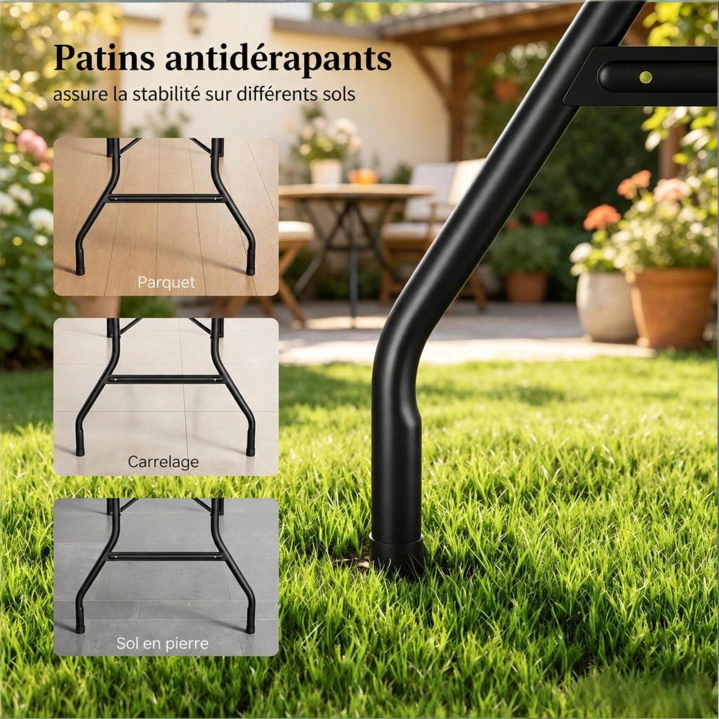 Tavolo pieghevole da esterno 180x74 cm in HDPE e metallo, colore nero, portata 120 kg