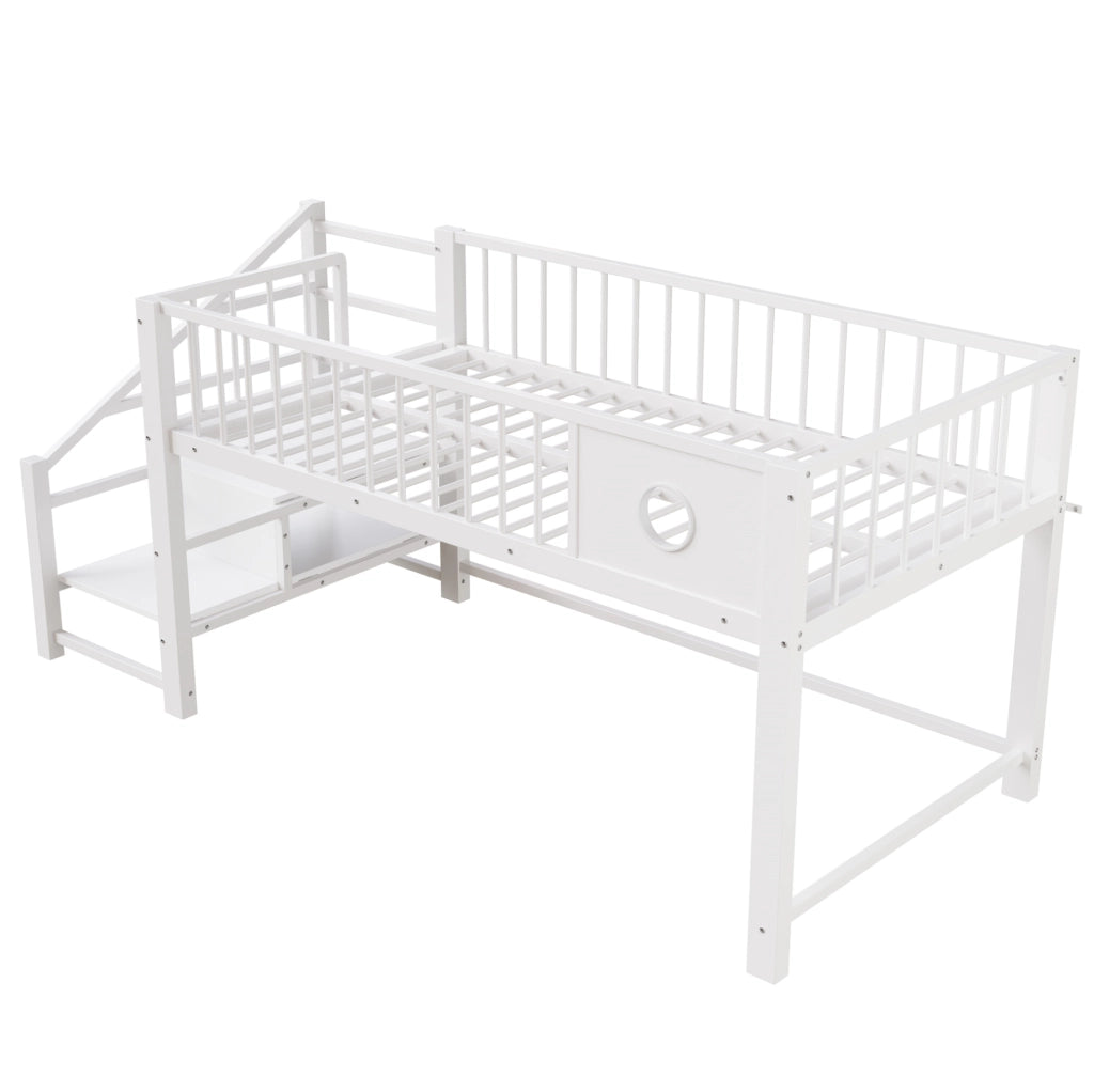 Letto a soppalco basso 90x200 cm con scala contenitore in metallo bianco