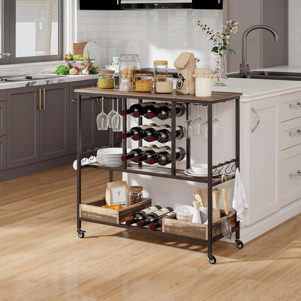 Carrello di Servizio Industriale a 3 Livelli, Carrello da Cucina con Portabicchieri, Porta Bottiglie, 107,5x40x91,5 cm