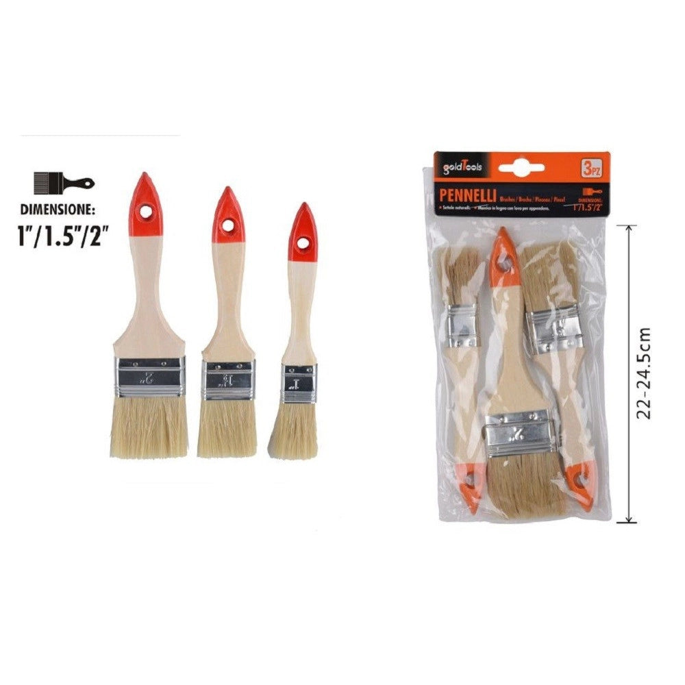Trade Shop - Set 3 Pennelli Testa Piatta Pennello Per Pittura Vernice Varie Dimensioni 90307 -