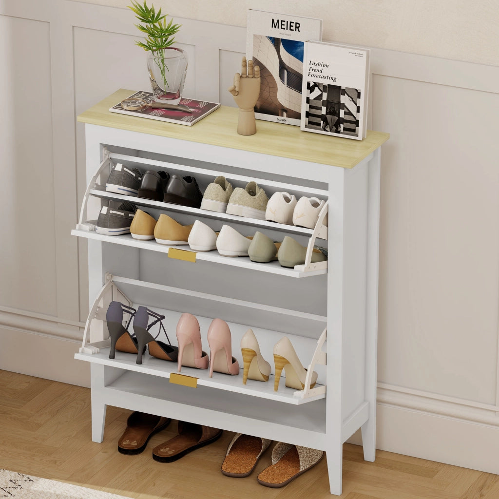 Scarpiera Slim Stile Boho con 2 Cassetti Ribaltabili per 14 Paia di Scarpe 80x24x95,5 cm Anta con Pannello in Rattan