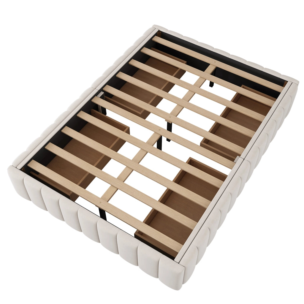 Letto con Cassetti 140x200 cm; Contenitore; 4 Cassetti e Spazio sotto il Letto - in Velluto - Beige