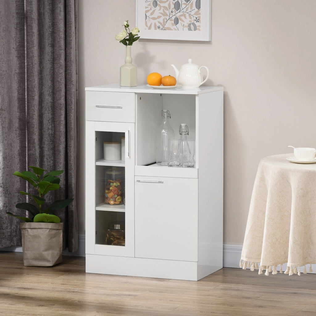 Credenza Moderna con Armadietti e Cassetto in Legno e Vetro, 60x40x95cm, Bianco