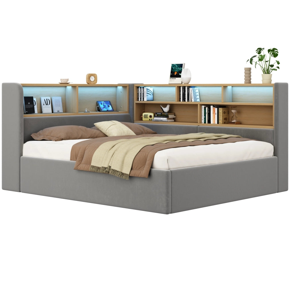 Letto contenitore imbottito in velluto grigio con LED; USB e Type-C