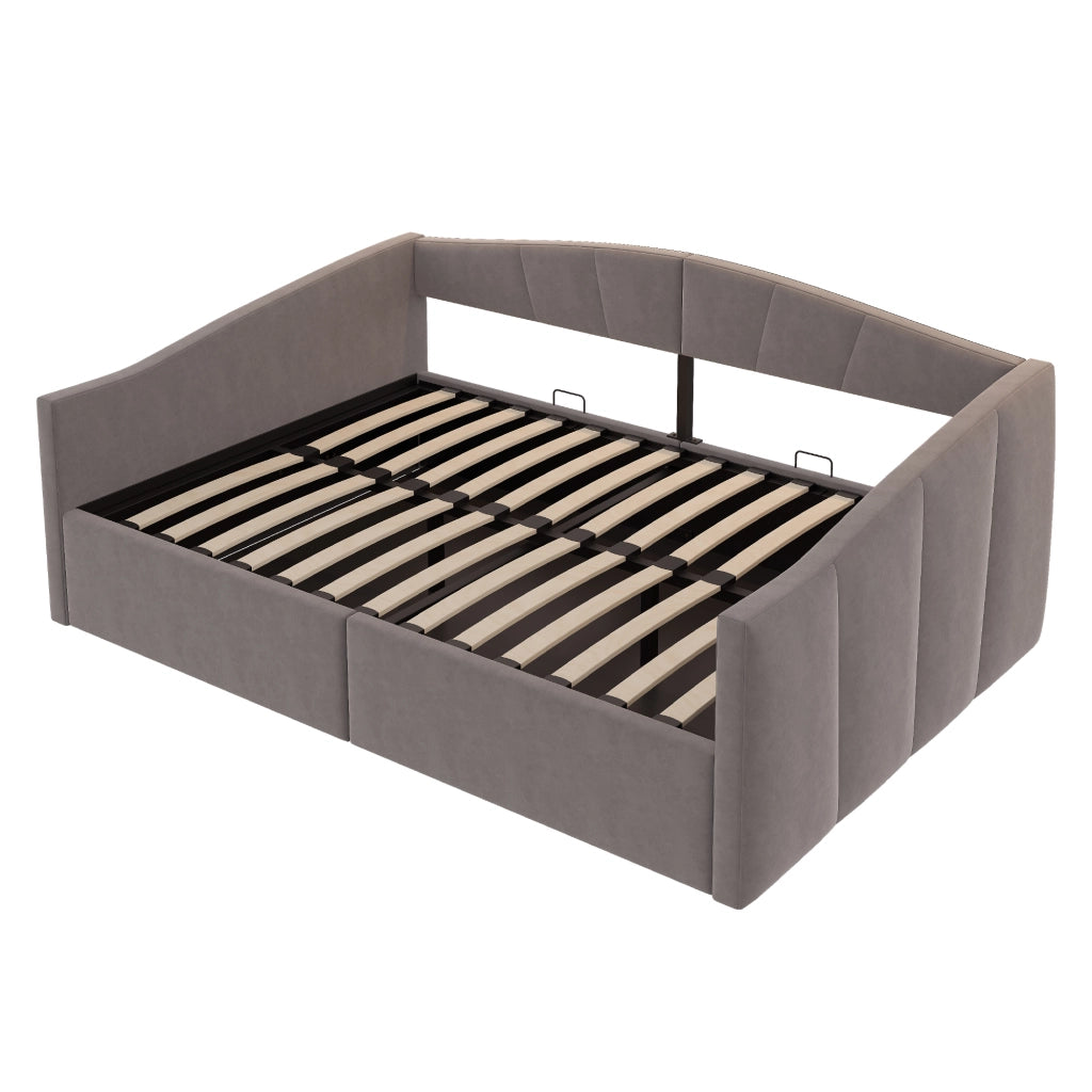 Letto imbottito / divano letto con sollevamento idraulico, contenitore salvaspazio, rete a doghe, tessuto in velluto grigio, 140x200 cm