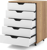 Cassetto da scrivania mobile con 5 cassetti da ufficio, mobile da ufficio, organizer con ruote, supporto per stampante per cartelle, documenti, documenti, carta, 48 x 39,5 x 69,5 cm (Naturale)