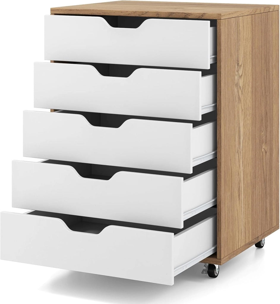Cassetto da scrivania mobile con 5 cassetti da ufficio, mobile da ufficio, organizer con ruote, supporto per stampante per cartelle, documenti, documenti, carta, 48 x 39,5 x 69,5 cm (Naturale)