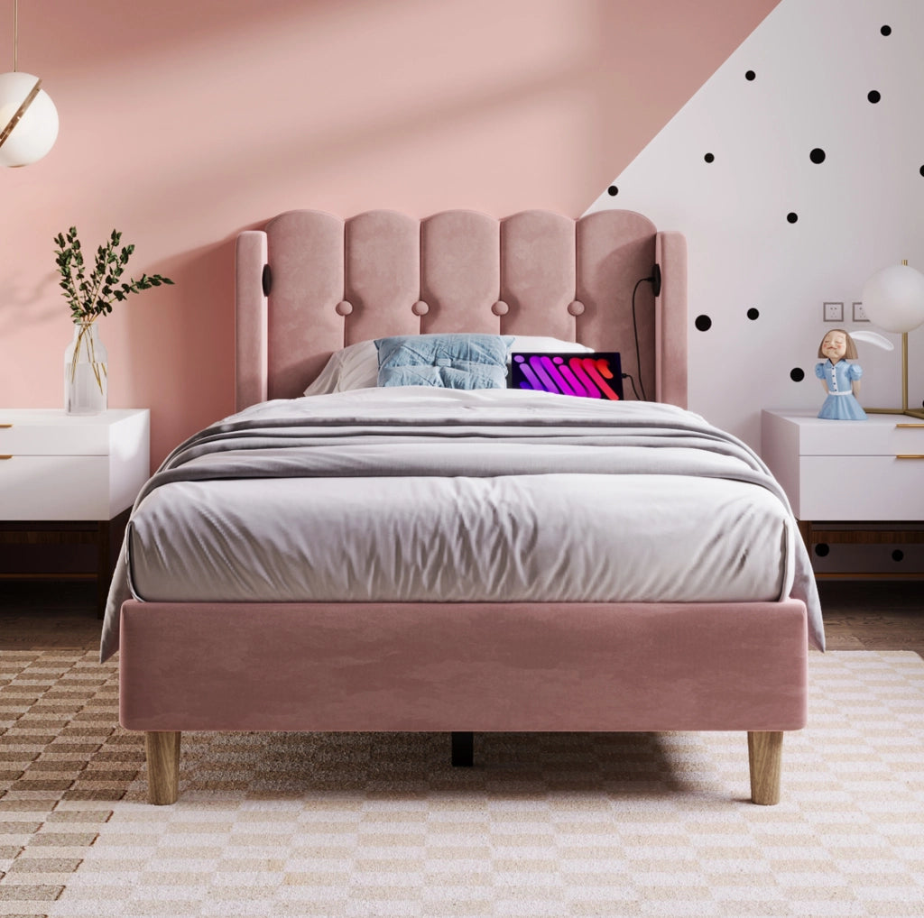Letto imbottito 90x200 cm con ricarica USB e Type-C; velluto rosa (Senza materasso)