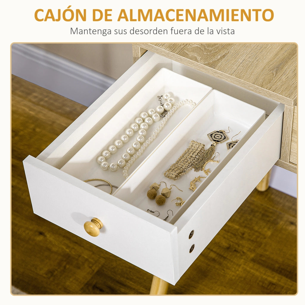 Tocador con specchio abatibile e sgabello imbottito ¨C zephmum ¨C colore naturale 100x45x118 cm