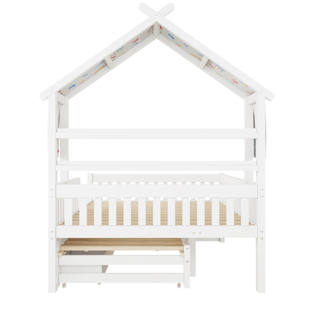 Letto a casetta 140 x 200 cm con letto estraibile; 3 cassetti e sponde di sicurezza; bianco