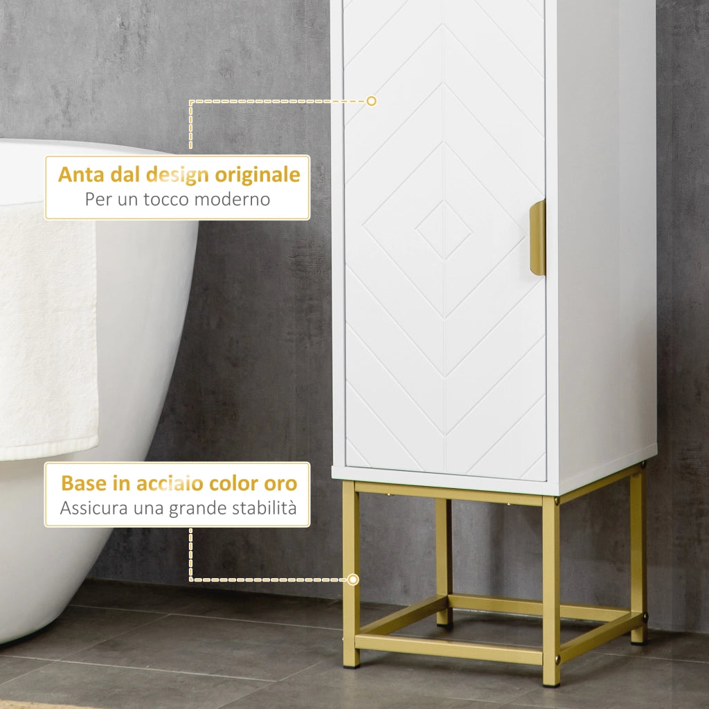 EasyComfort Colonna Bagno con 2 Armadietti e Ripiano in MDF e Acciaio, 30x30x170.7cm, Bianco e Oro
