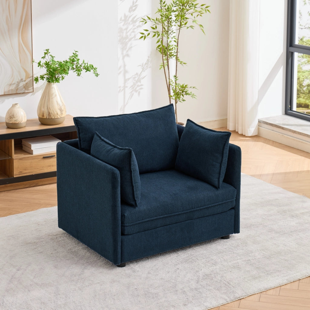 Poltrona lounge modulare in velluto blu con pouf contenitore separato