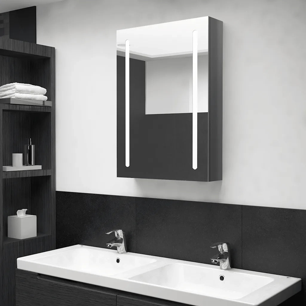 Armadietto Bagno | Armadio da bagno con Specchio e LED Grigio Lucido 50x13x70 cm