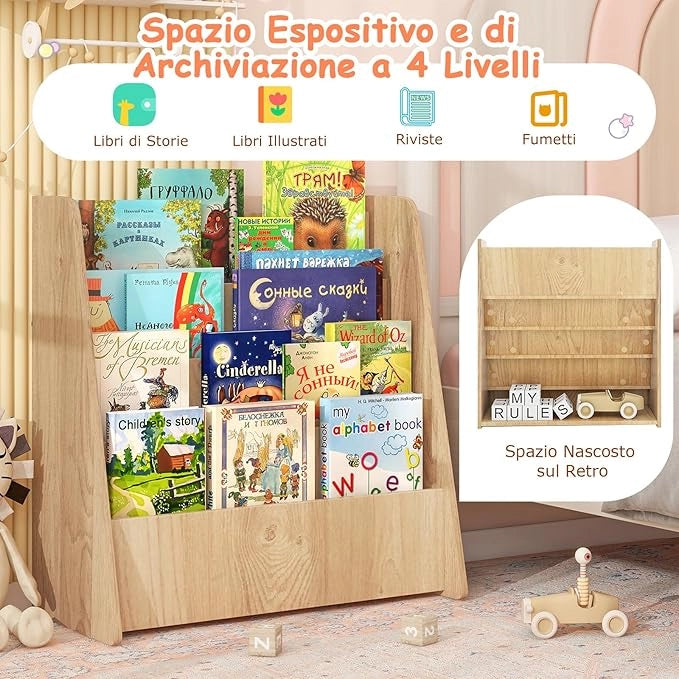 Libreria per Bambini a 4 Ripiani, Scaffale in Legno con Ampio Spazio di Esposizione, Porta Riviste per Camera dei Bambini Sala Giochi e Aula, 57,5x26,5x59 cm (Naturale)