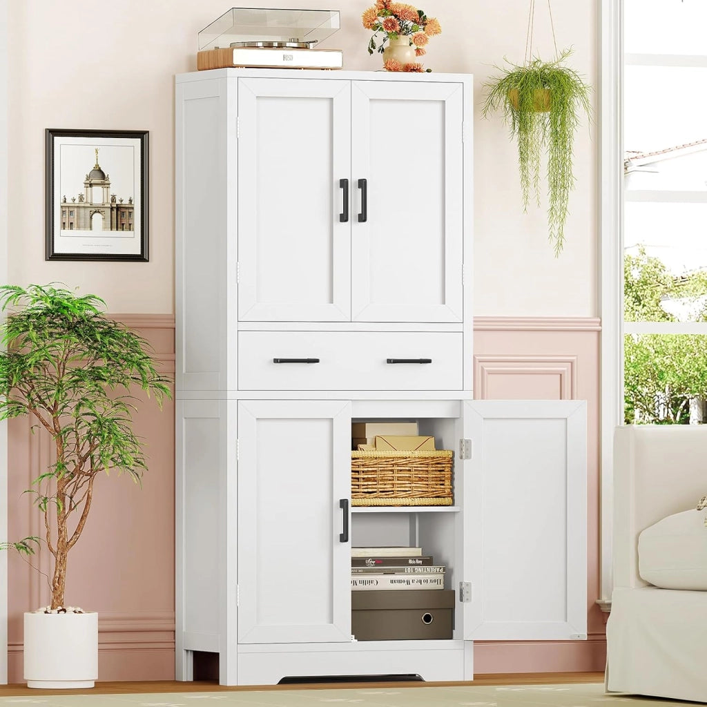 Mobile Bagno con 4 Porte e 1 Grande Cassetto, Mobiletto Bagno Salvaspazio con Ripiano Regolabile, Armadio Bagno – per Soggiorno, Cucina, Bianco, 60x30x148 cm