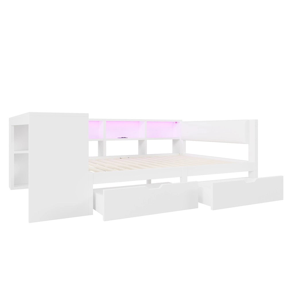 Letto Contenitore con Testiera Imbottita, LED e Cassetti ¨C MINIMAL ¨C Bianco 140x200