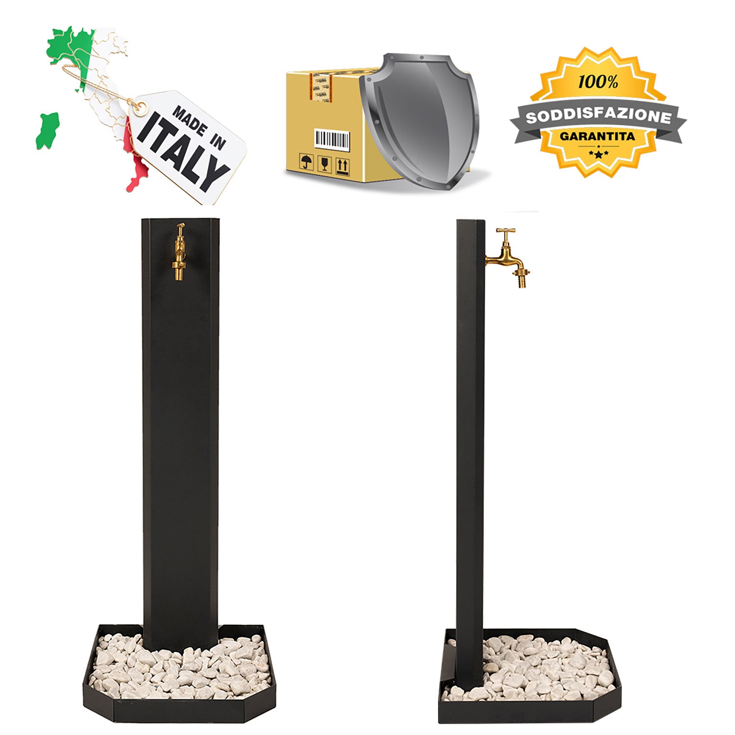 Fontana da Giardino Design a Colonna Ovale Rubinetto in Ottone e Base con Ciottoli Corten