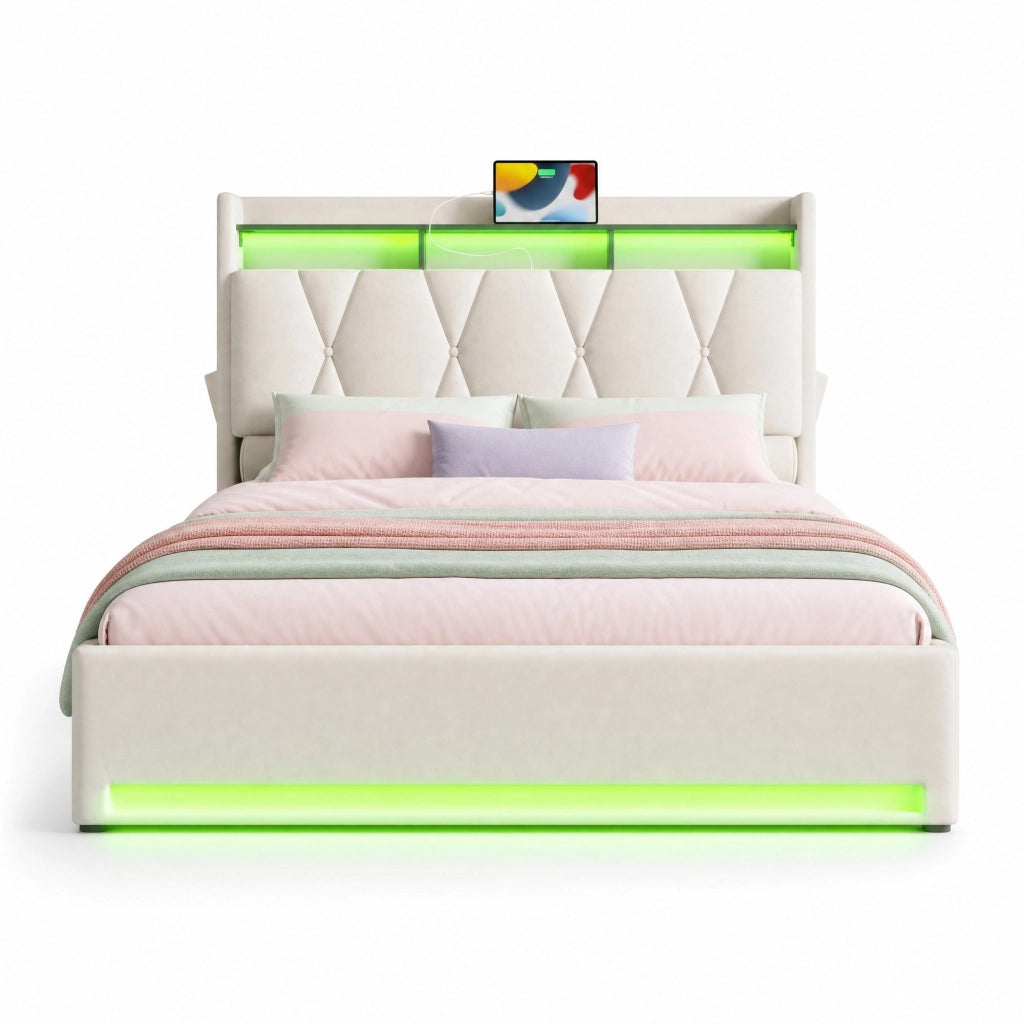 Letto contenitore 140x200 cm in velluto beige con LED e USB-C