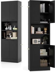 Credenza Alta da Cucina 190 cm, Mobile Cucina Dispensa in Legno, Mobile Buffet con 2 Armadio e Ripiano, per Soggiorno, Sala da Pranzo, Bagno, 56 x 30 x 190 cm, (In 2 Pacchi) (Nero)