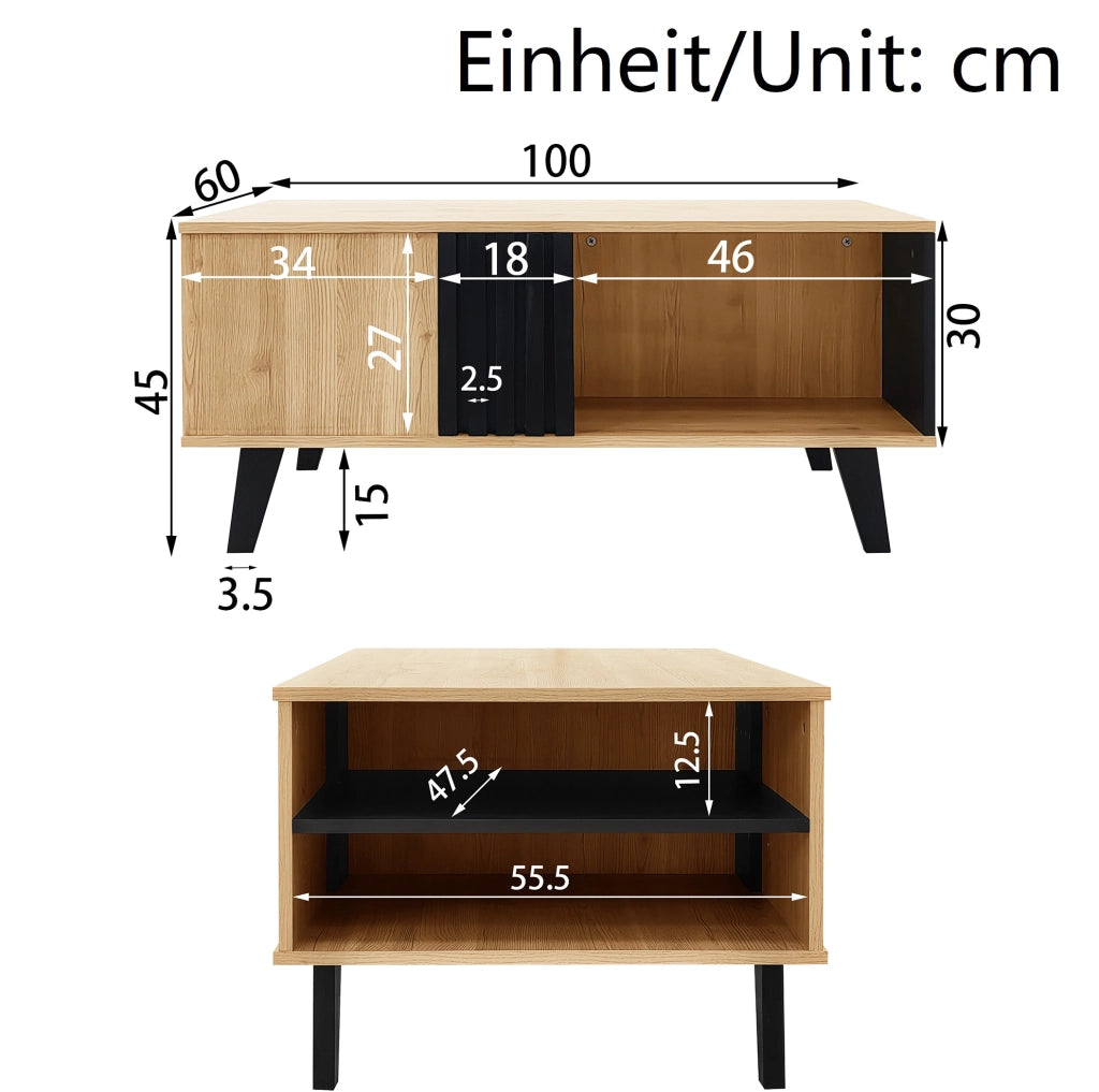 Tavolino da salotto 100x60x45 cm con 3 vani; vetro e pannello truciolare naturale e nero